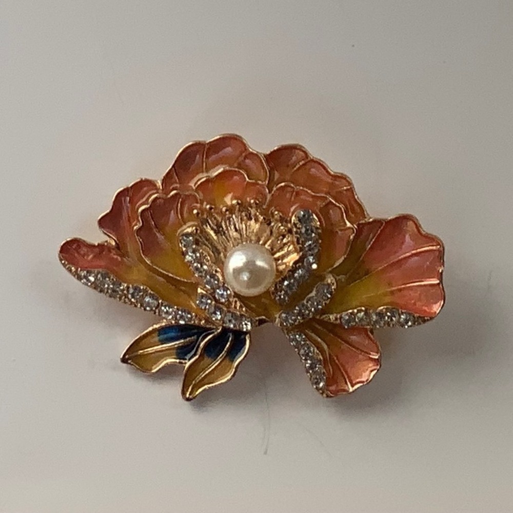 Vintage Peach Enamel Peony Flower Brooch Pearl Rhinestone Gold Tone Pin 2"